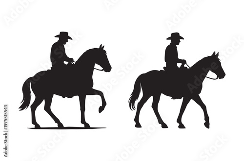 Silhouettes of cowboys riding horses in a simple graphic style