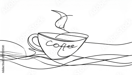 Minimalist coffee cup illustration with steam and the word coffee.