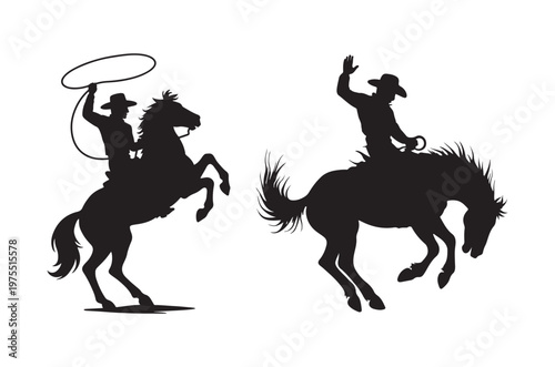 Silhouettes of cowboys on horseback performing daring rodeo stunts