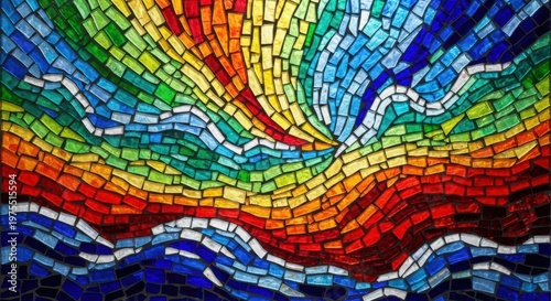 Vibrant Abstract Mosaic Art With Rainbow Colors Evoking A Sunrise Over Blue Water
