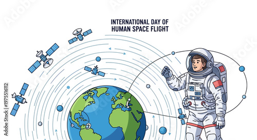 A stylized vector illustration showcases an astronaut in a spacesuit gesturing toward Earth, encircled by orbiting satellites in a circular pattern, set against a clean white backdrop