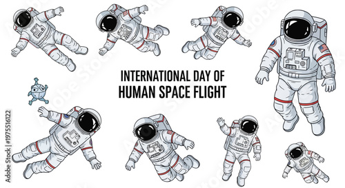 Celebrating maternal health awareness, a vector illustration promotes national safe motherhood day with multiple astronauts floating in space, symbolizing a healthy pregnancy and prenatal