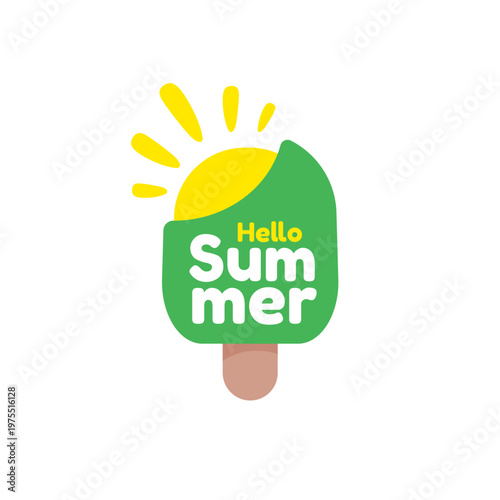Hello Summer sticker with green melting ice cream. Cartoon popsicle icon with retro groovy hello summer typography. Modern seasonal hello summer graphic isolated on white for beach and food promotions