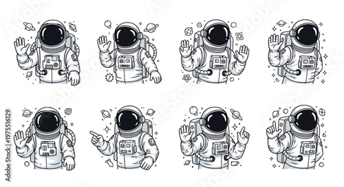 Monochromatic line art illustrations feature astronauts in spacesuits gesturing with various hand signs and poses, set against a clean white background, creating a playful and whimsical