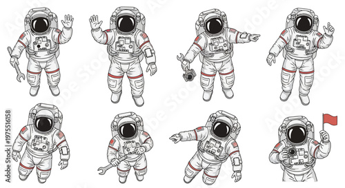 A group of cartoon astronauts in spacesuits are depicted in various poses against a white background, showcasing different actions with vector illustrations that capture a sense