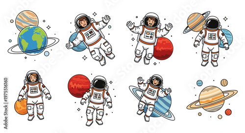 Set of outlined astronaut illustrations in spacesuits floating with various planets against a white background, designed as a vector collection with a playful and educational mood, rendered