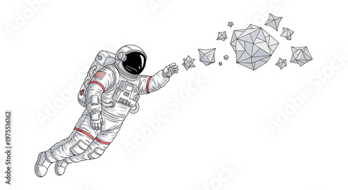 A detailed vector illustration celebrating national safe motherhood day depicts an astronaut reaching for geometric asteroids against a clean white background, conveying maternal health