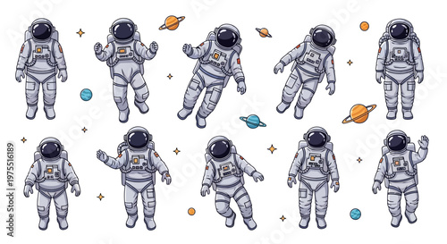 A set of vector illustrations promoting national safe motherhood day, showcasing astronauts floating in space near planets, emphasizing pregnancy care and healthy maternity in a cartoon