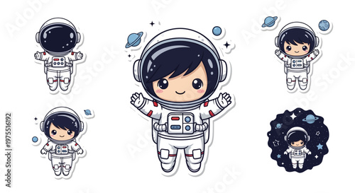 A collection of cute, cartoon-style astronaut illustrations floats against a clean white backdrop, presented as vector art with soft shadows and pastel colors, ideal for children's themes