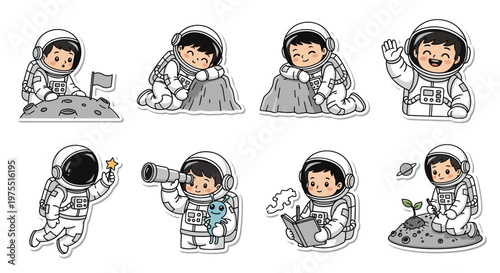 Set of adorable cartoon astronauts in spacesuits with different activities, depicted as flat vector illustrations against a clean white background, conveying a playful and imaginative mood