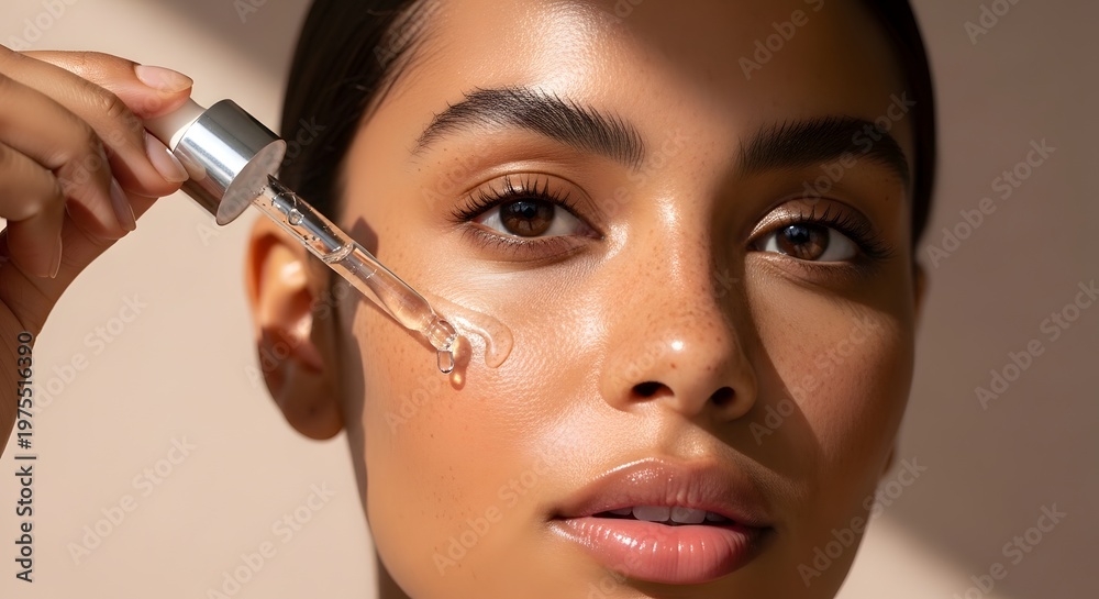 Obraz premium A beautiful young woman applies a hydrating facial serum with a dropper to her glowing, healthy skin, emphasizing natural beauty and self-care.