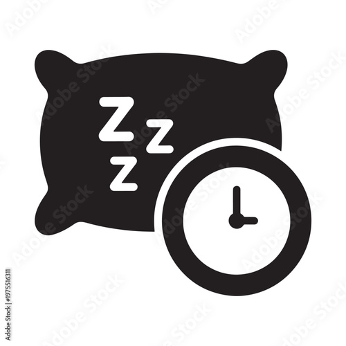 A black icon depicting a pillow and clock representing sleep and time