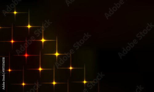 Abstract dark background featuring glowing yellow stars in corner layout with bright sparkles and light flare for elegant design
