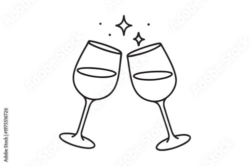 Two wine glasses clinking in a simple minimalist black and white illustration