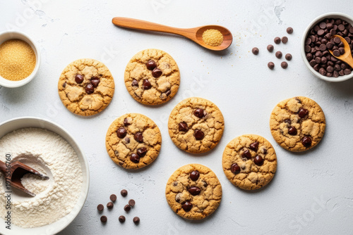 Homemade Chocolate Chip Cookies with Baking Ingredients Flat Lay