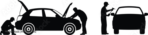 Car repair service silhouettes with mechanics inspecting vehicle and fixing issues