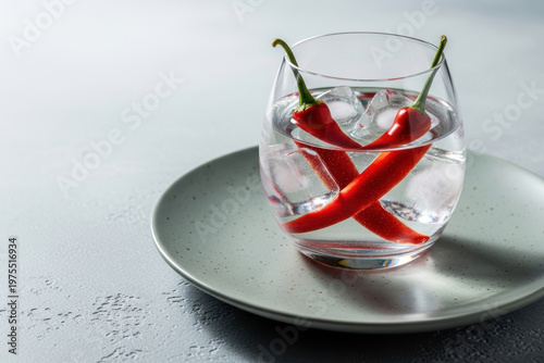 Two Red Chili Peppers in Glass of Water with Ice Cubes on Gray Ceramic Plate