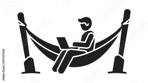 Professional digital nomad working on laptop in hammock enjoying tropical remote work lifestyle outdoor vacation vector graphic