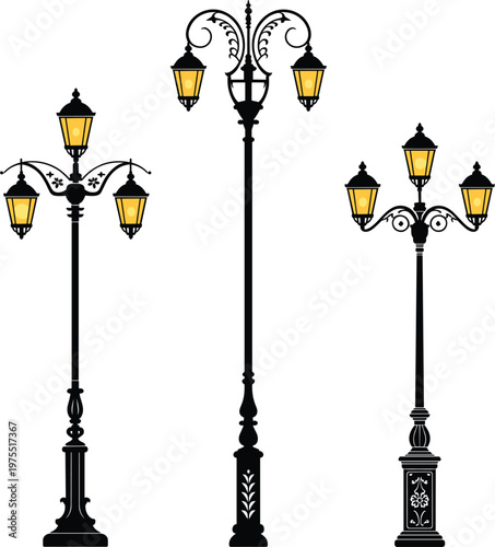 Decorative antique street light posts set with elegant Victorian design elements