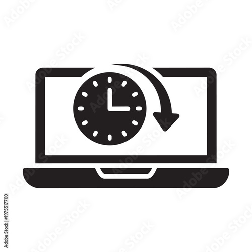 Laptop computer with clock showing time management remote work schedule deadline productivity organization planning flat vector graphic
