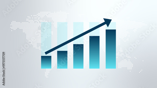 Growth Chart with arrow. Bullish trend. Stock market data for global busines, finance, marketing, report, investment. Vector illustration. Dotted World Map silver background
