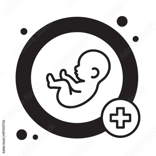 Simple black line drawing depicts a fetus inside a circular frame with a plus sign