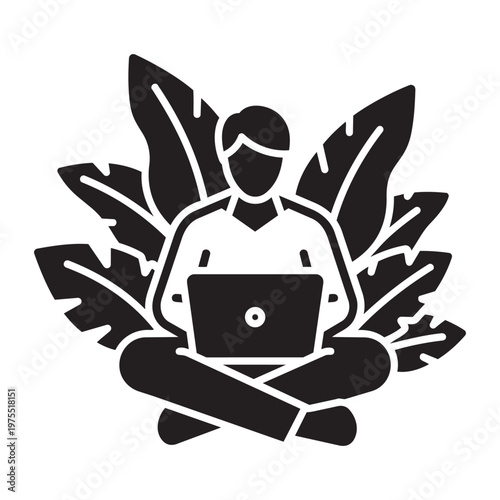 Man meditating with laptop representing mindful remote work lifestyle peaceful digital workspace relaxation internet wellness vector illustration