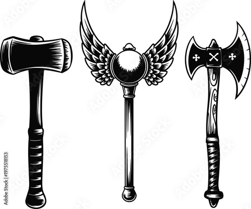 Collection of medieval axes and winged mace in classic monochrome tattoo style