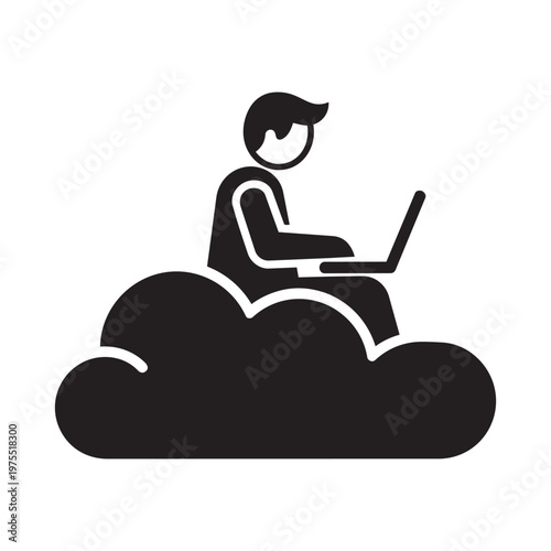 Man working on laptop while sitting on cloud representing cloud computing internet technology digital network vector icon
