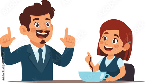 Happy Business Father Eating Breakfast and Talking With His Daughter Over Morning Meal