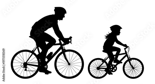 Silhouette of a man and a child cycling.