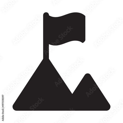 A simple black silhouette depicts a flag planted atop a mountain peak