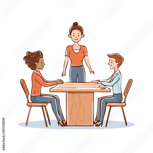 People sitting at table talking.