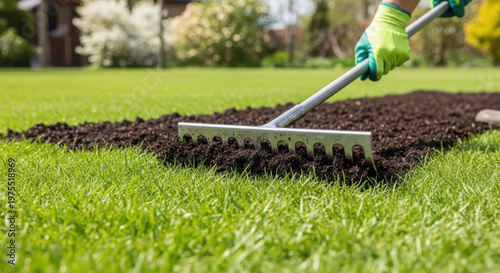 Gardener applying top dressing to lawn with rake on sunny day  