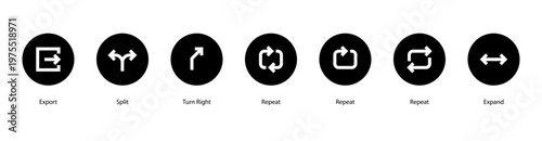 Data Flow web banner icon vector illustration featuring Export, Split, Turn Right, Repeat, Repeat, Repeat, and Expand.