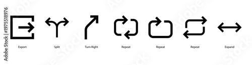 Data Flow web banner icon vector illustration featuring Export, Split, Turn Right, Repeat, Repeat, Repeat, and Expand.