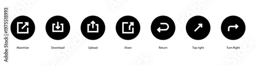 Sharing and Return web banner icon vector illustration featuring Maximize, Download, Upload, Share, Return, Top right, and Turn Right.