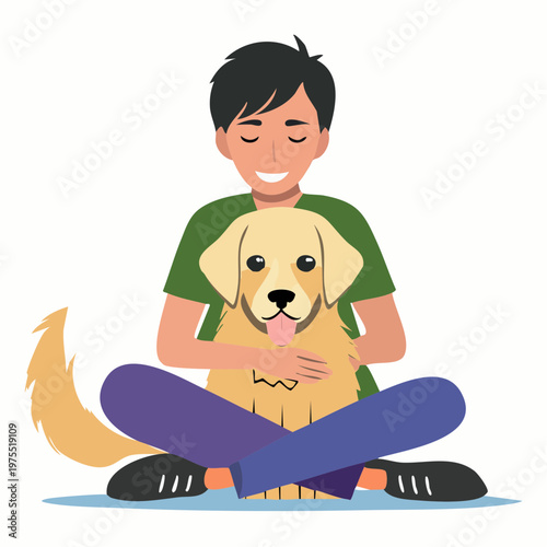 Illustration of a young man sitting cross-legged, affectionately embracing his happy golden retriever dog, symbolizing the comforting bond and joy of pet companionship