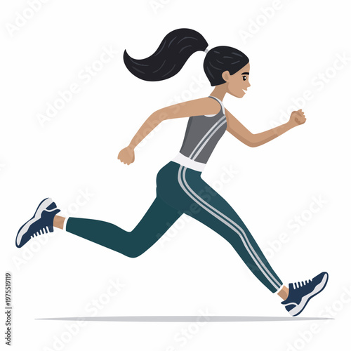 A young woman with dark hair in a ponytail, wearing athletic clothing, runs with energy and determination, showcasing a healthy and active lifestyle