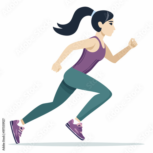 Vibrant vector illustration of a fit young woman running with purpose and energy, symbolizing an active lifestyle, health, and dedication to fitness and well-being