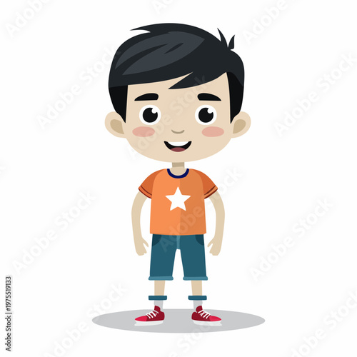 Smiling young boy character illustration, a happy cartoon child in an orange star t-shirt and blue shorts, radiating innocence and joyful childhood spirit