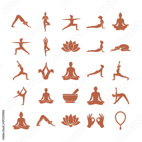 Yoga poses and meditation icons set.