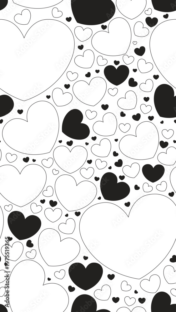 Fototapeta premium Love hearts black and white vertical repeating pattern. Romance Valentines affection. Endless background. Line art illustration. Social media overlay for stories and reels. Seamless outline icon motif