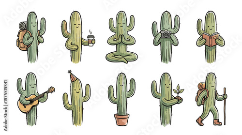 Funny Saguaro Cactus Character Set Vector Illustration of Cute Desert Plant Mascot Doing Activities Like Yoga Reading Music Hiking and Traveling Isolated on White Background Design