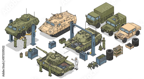 Isometric 3D military base illustrations display a maintenance depot with tanks and trucks undergoing repair on lifts, surrounded by equipment and presented in a clean vector design