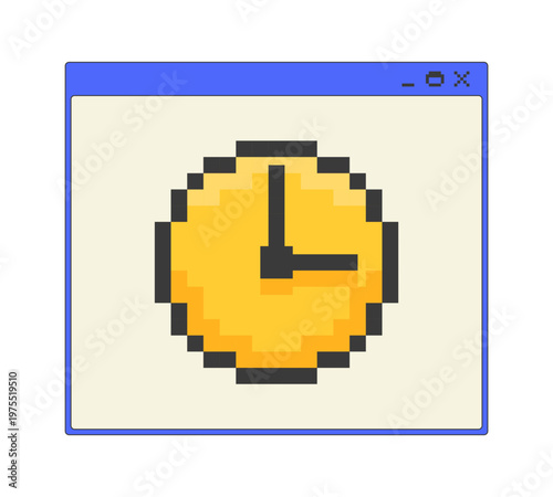 Analog clock pixel art popup window UI overlay. Time tracking. Schedule system timing. Productivity widget. Timer control. Blocky interface element in retro 8bit style. Bitmap-inspired UX design