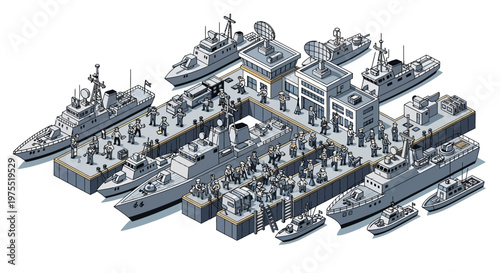 Isometric 3D military base illustration showing an army headquarters with ships docked in a naval port, created with a vector design and a detailed composition against a white background