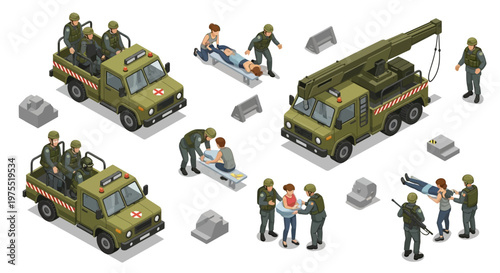 Isometric 3D illustration showing a military army base with medical personnel tending to patients on stretchers and soldiers riding in olive green vehicles against a clean white background