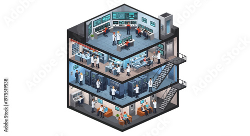 Isometric 3D military illustration showcases a detailed army base with scientists working in labs and soldiers in command centers across multiple floors, rendered in a vector style