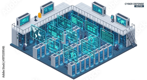 Isometric illustration shows a 3D military headquarters with multiple screens displaying data and maps inside a high-tech army base, set against a clean white background in a cool